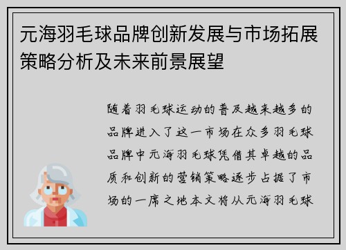 元海羽毛球品牌创新发展与市场拓展策略分析及未来前景展望
