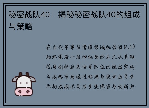 秘密战队40：揭秘秘密战队40的组成与策略