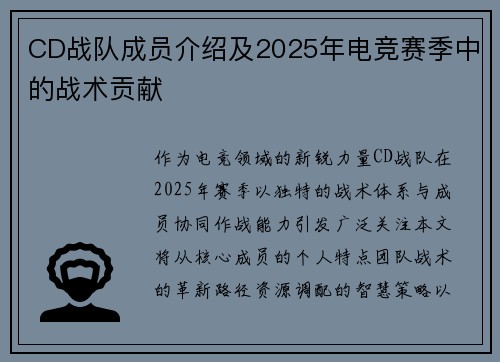 CD战队成员介绍及2025年电竞赛季中的战术贡献